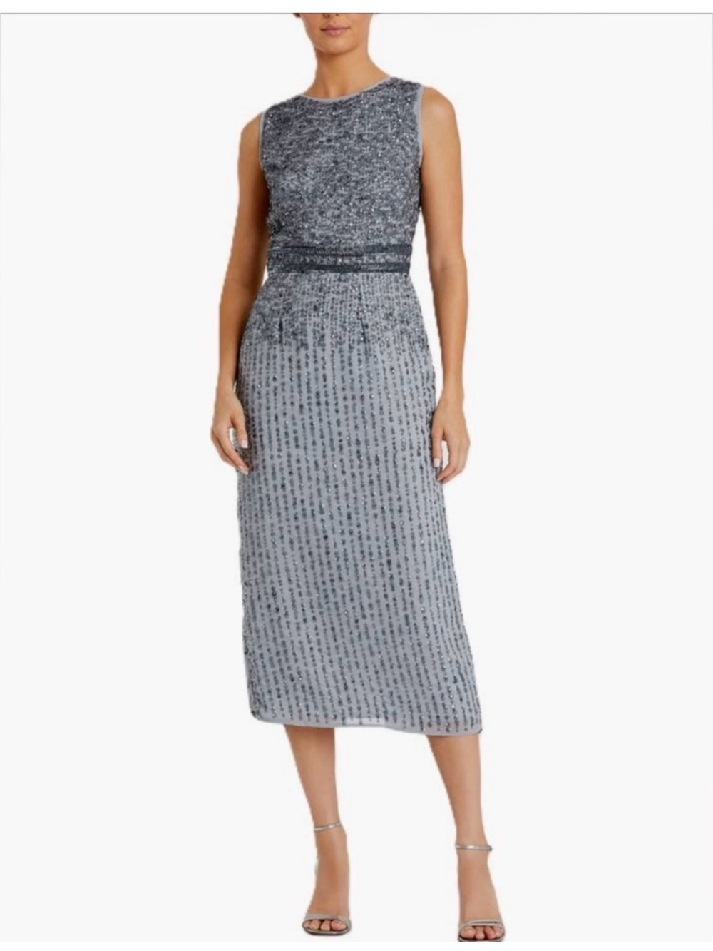 Mac Duggal 10509 Sleeveless Beaded Midi Sheath Cocktail Dress Sz 4 Platinum Gray